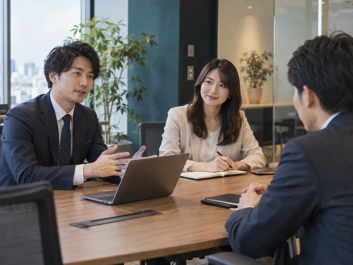 ITサービスの営業担当者が顧客と条件や次の進め方を相談する商談イメージ(AI生成)