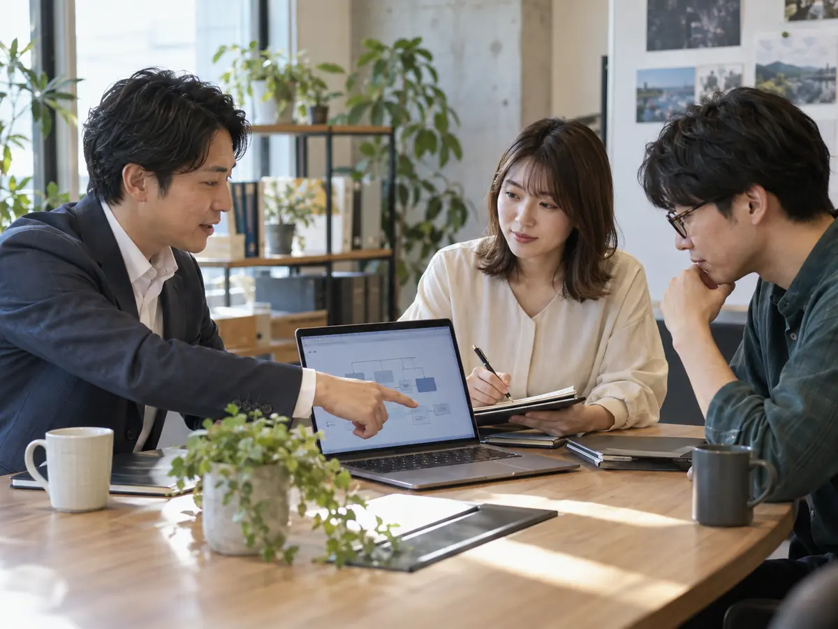 営業担当者とエンジニアがシステムの要件を共有する打ち合わせイメージ(AI生成)