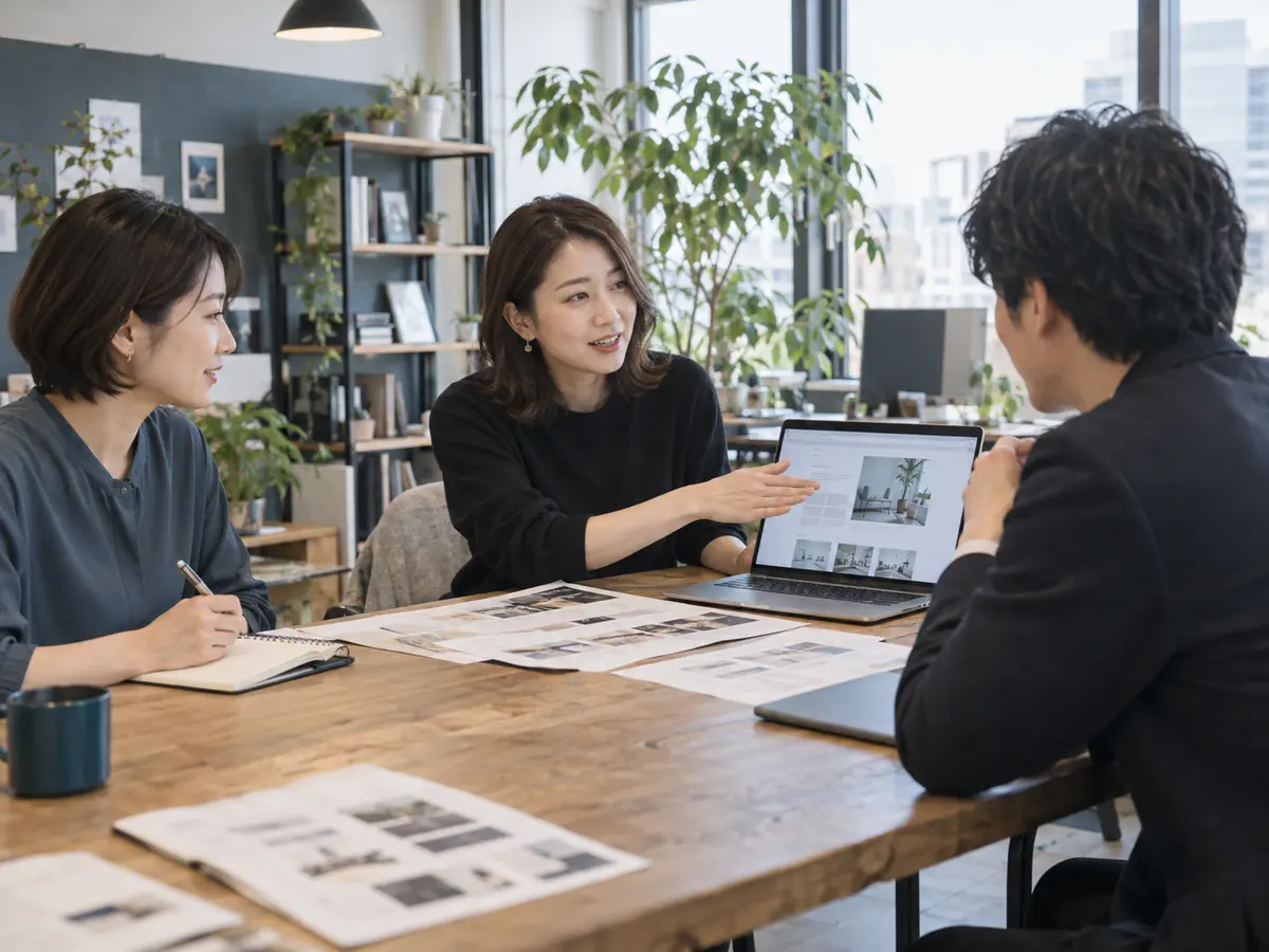 Web制作の担当者が顧客とサイトの構成を確認する商談イメージ(AI生成)