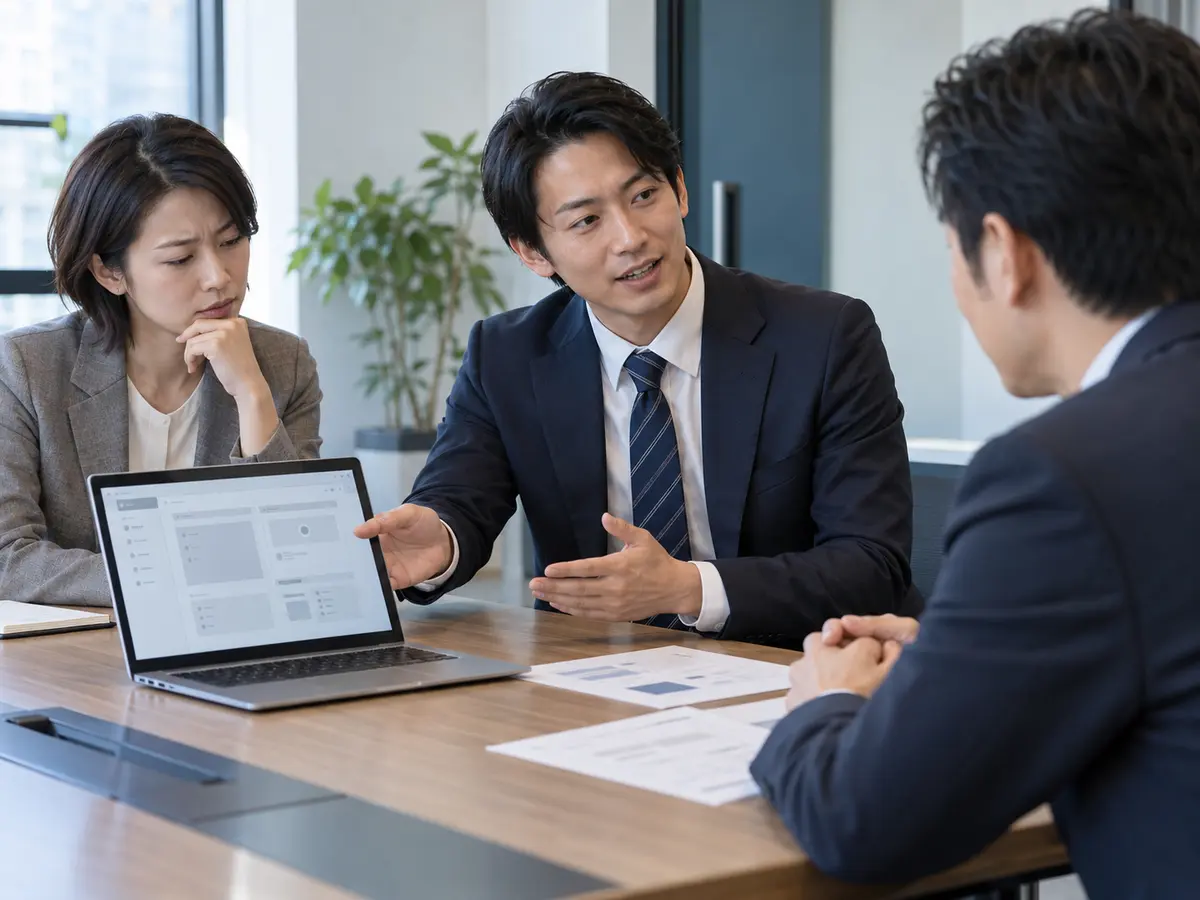 営業担当者が技術確認前に機能の実装を約束する商談イメージ(AI生成)